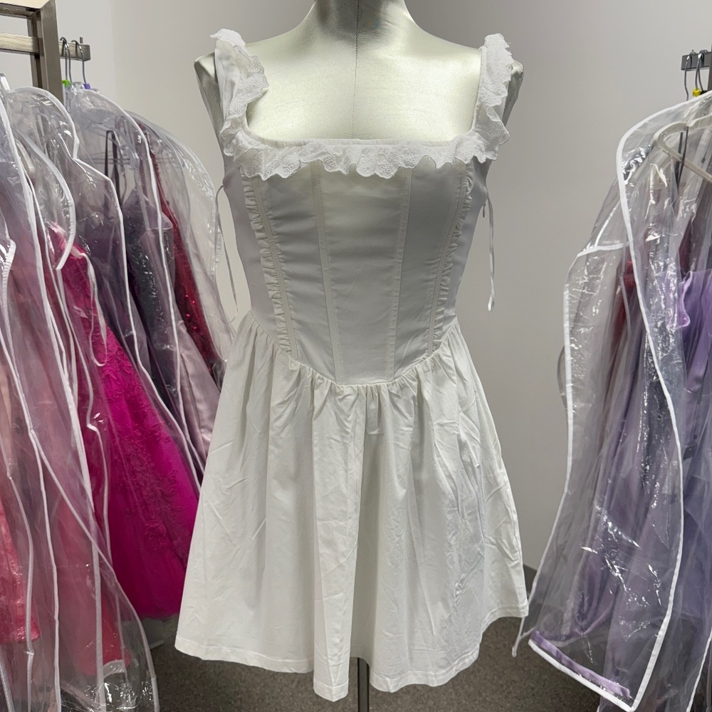 Blue Blush White Lace-Trim Corset Mini Dress